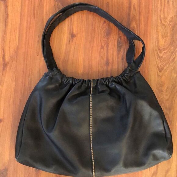 Marco Buggiani Italee, black leather hobo bag with brown stitching detail - Picture 1 of 7